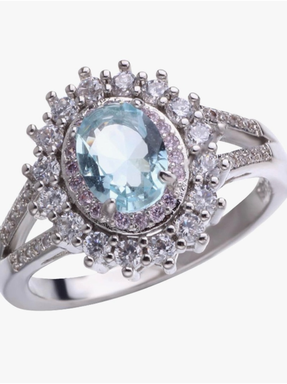 Blue CZ Halo Ring | Oval Aqua Stone | Vintage Inspired Statement | Split Shank |